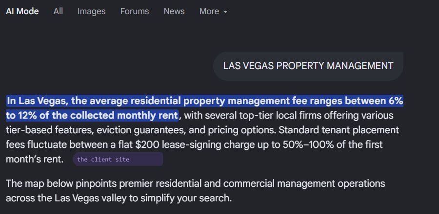 Google AI answer quoting the client’s page