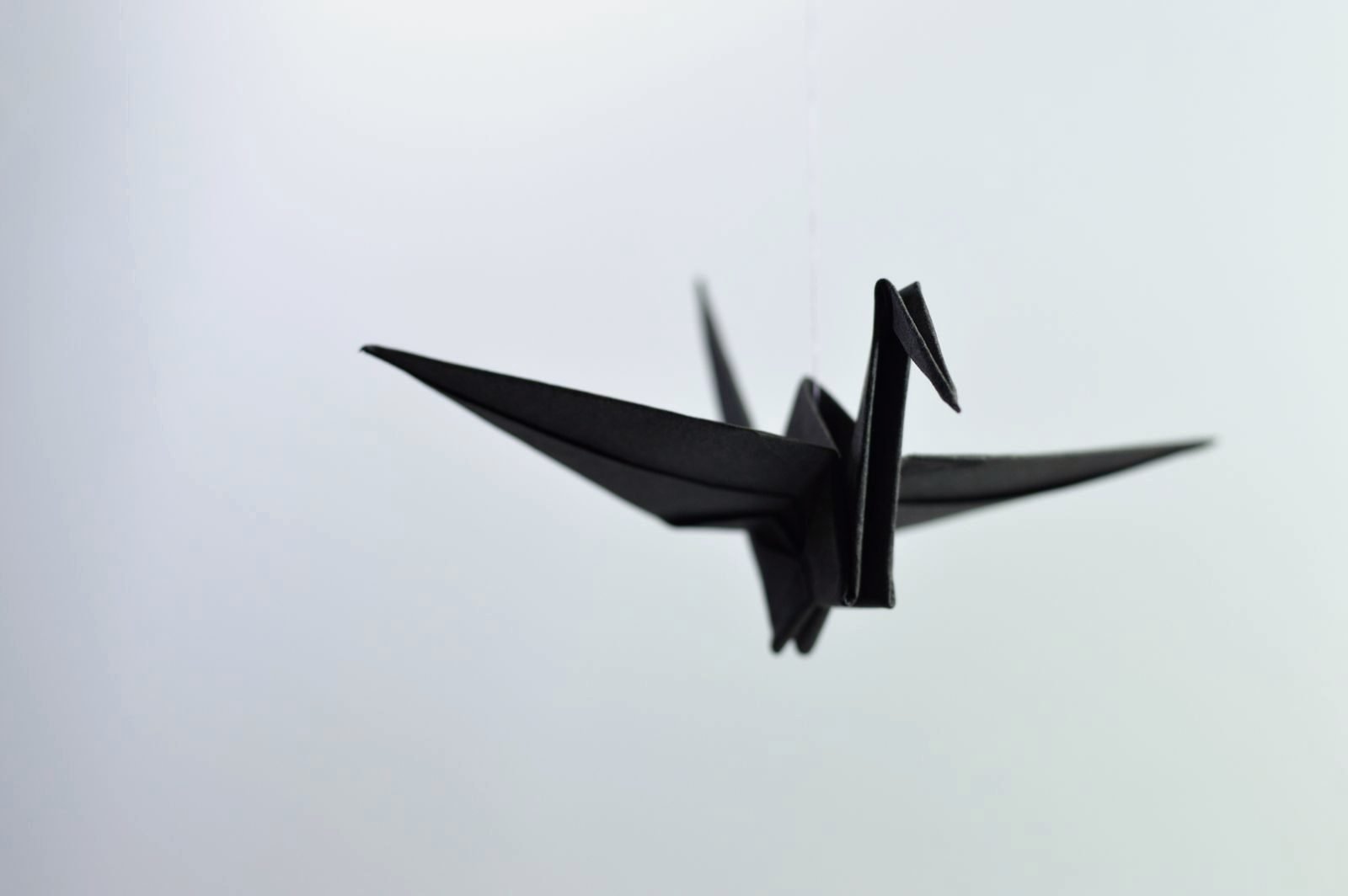 A paper crane in flight against a pale sky, wings caught mid glide.