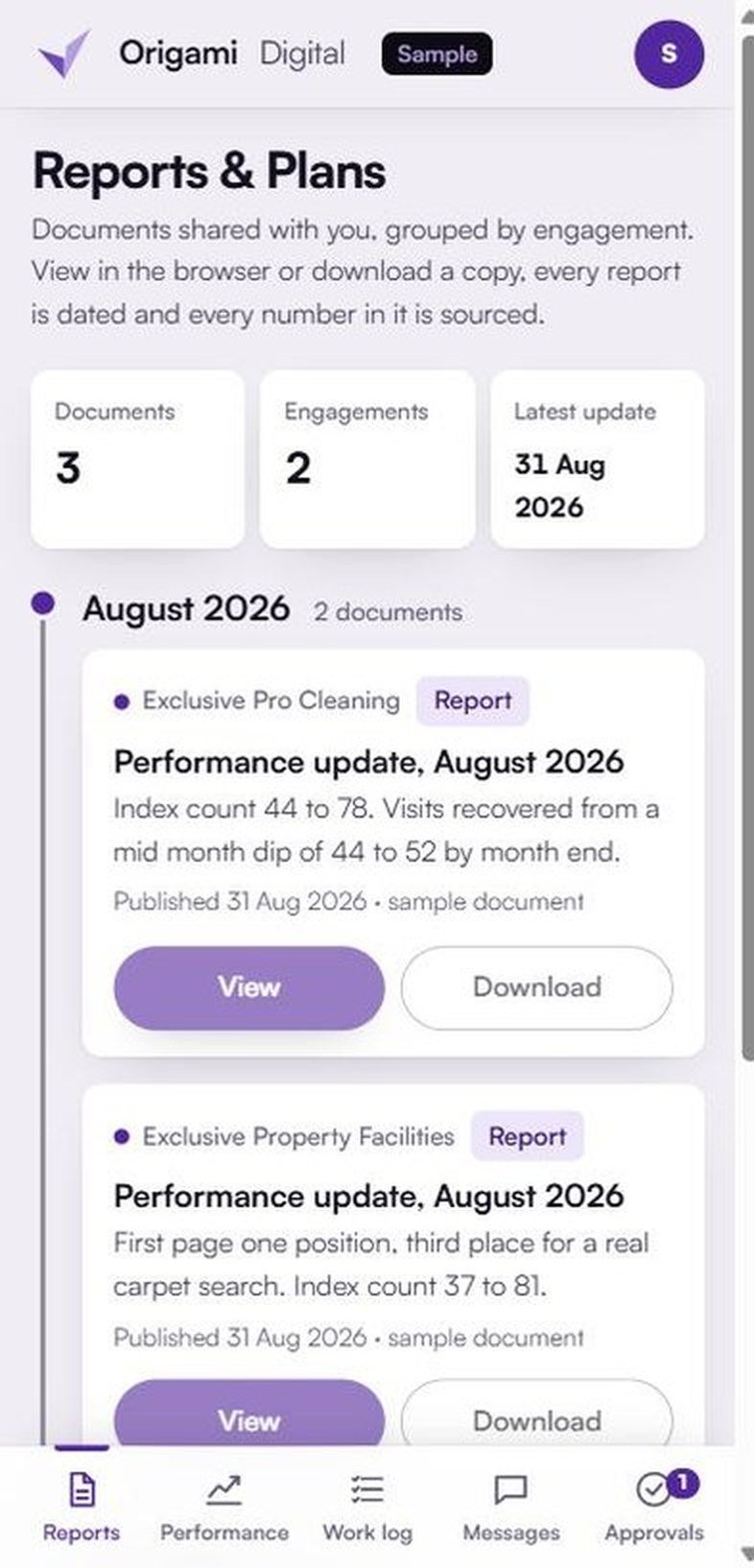 The portal on a phone: the reports screen, dated monthly reports for Exclusive Pro Cleaning and Exclusive Property Facilities