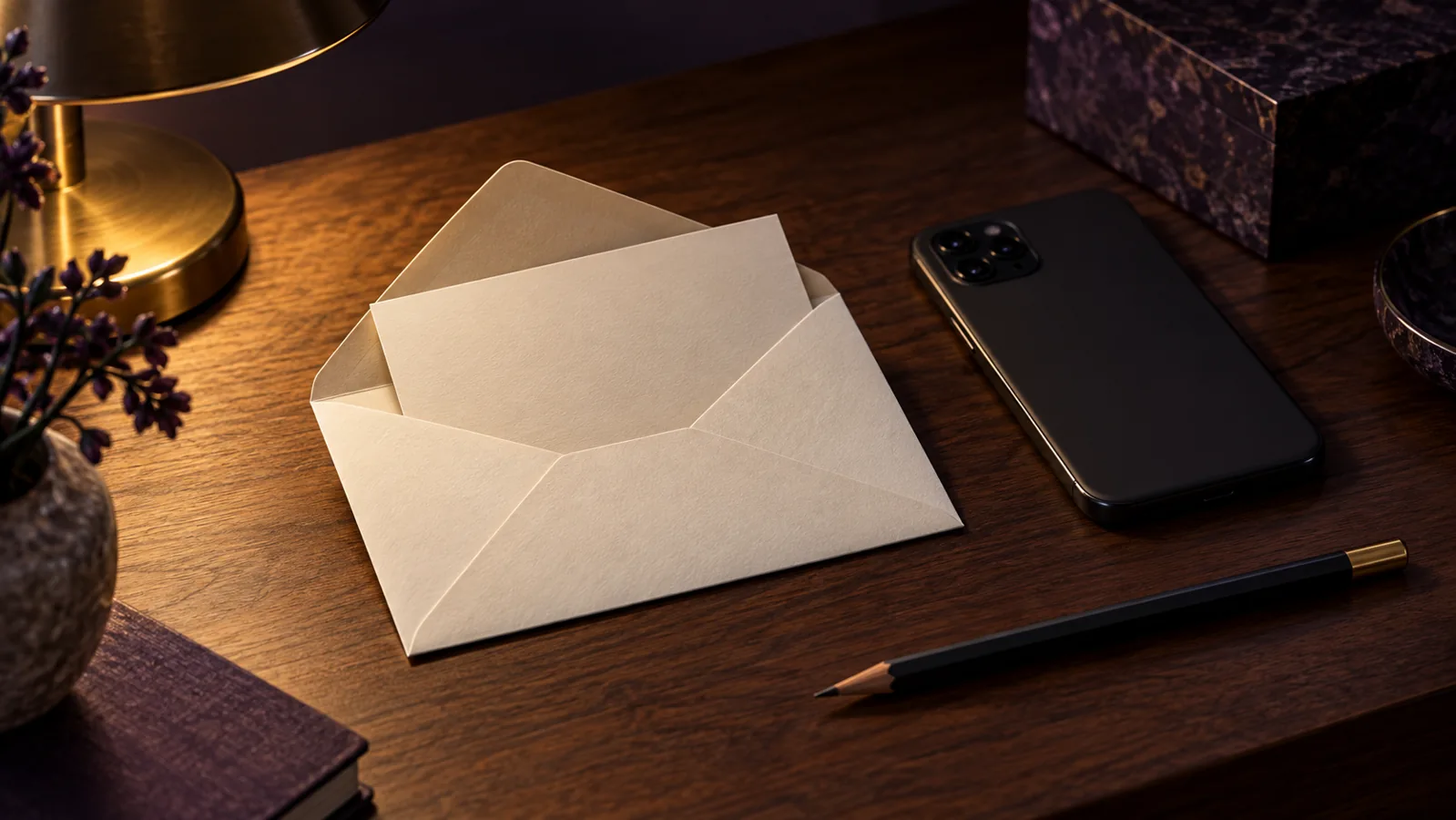 An open envelope with a blank note beside a phone on a dark worktable